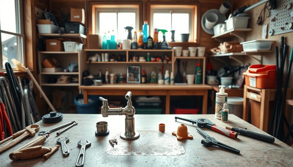 A cozy DIY home workshop with natural lighting pouring in through large windows. In the foreground, a plumber's workbench with an assortment of tools, including wrenches, pliers, and a plunger. On the surface, a disassembled faucet and a pipe section, indicating an ongoing repair project. In the middle ground, shelves stocked with spare parts, sealants, and cleaning supplies. The background showcases simple yet functional storage solutions, such as pegboards and labeled bins, creating an organized and efficient workspace. The overall scene conveys a sense of skilled craftsmanship and a commitment to maintaining the home's plumbing system.