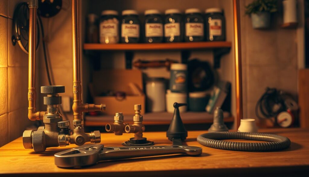 A cozy domestic interior with a well-organized home plumbing system in the foreground. The scene is illuminated by warm, ambient lighting, casting a soft glow on the various plumbing components - copper pipes, valves, and fittings - neatly arranged on a wooden workbench. In the middle ground, a set of basic plumbing tools, including a wrench, plunger, and a snake, are carefully laid out, hinting at the owner's DIY plumbing prowess. The background features shelves stocked with labeled jars of plumbing supplies, conveying a sense of preparedness and proactive home maintenance.