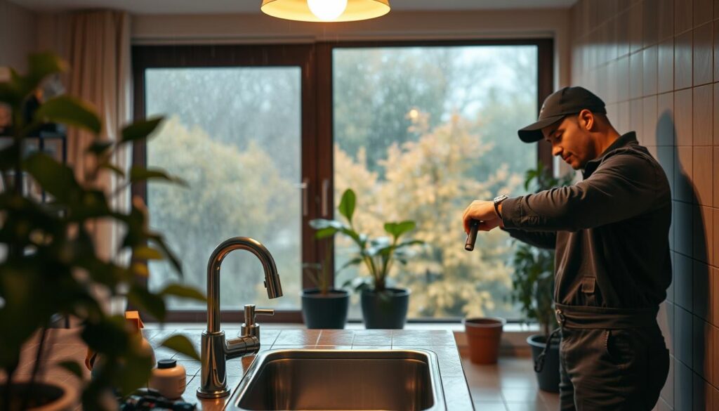 A cozy home interior on a rainy autumn day, with a focus on a well-maintained plumbing system. In the foreground, a skilled plumber inspects a sink faucet, their tools neatly organized on a nearby countertop. The middle ground features a pair of healthy potted plants, casting soft shadows on the tiled floor. Through a window in the background, raindrops gently cascade down the panes, creating a soothing, reflective atmosphere. Warm, diffused lighting emanates from a ceiling-mounted fixture, illuminating the scene with a comforting glow. The overall mood is one of tranquility and professionalism, conveying the importance of seasonal plumbing maintenance.
