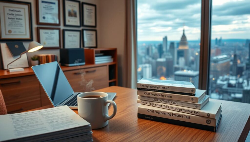 A cozy study room with a wooden desk, books, and a laptop. Soft, warm lighting illuminates the space, creating a focused and productive atmosphere. In the foreground, a stack of civil engineering practice test books sits alongside a steaming mug of coffee. Framed certificates and diplomas adorn the walls, conveying a sense of academic achievement. The background features a panoramic view of a bustling city skyline, symbolizing the practical application of civil engineering knowledge. The overall scene suggests a dedicated, diligent individual preparing for their civil engineering licensure exam.