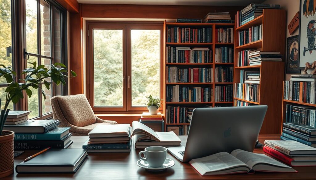 A cozy study space filled with an array of learning resources. In the foreground, an organized desk showcases an open laptop, various textbooks, and a cup of steaming coffee. In the middle ground, a well-stocked bookshelf stands tall, brimming with engineering, mathematics, and computer science volumes. The background features a large window overlooking a lush, verdant landscape, bathing the room in warm, natural light. The overall mood is one of focused productivity and intellectual pursuit, conveying a sense of diligence and academic excellence.