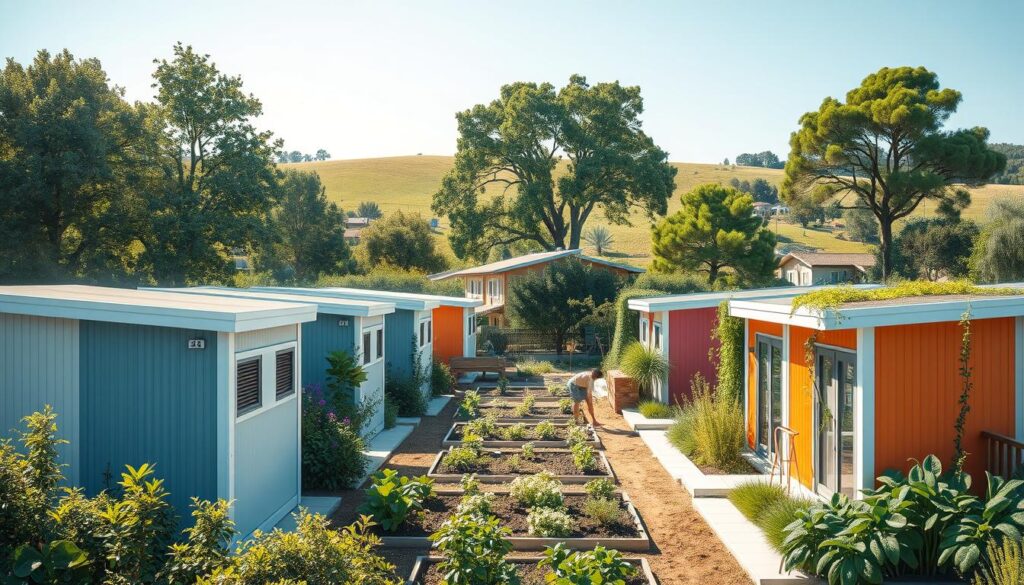 A cozy, sun-drenched neighborhood of sustainable low-cost housing nestled amidst lush greenery. In the foreground, energy-efficient modular units with sleek, minimalist designs and vibrant pops of color. Geometric patterns and textures adorn the facades, creating an inviting, modern aesthetic. The middle ground showcases a well-maintained community garden, with residents tending to their plots. In the background, a gently rolling landscape dotted with mature trees, providing natural shade and a serene backdrop. Soft, natural lighting filters through, casting a warm, tranquil glow over the entire scene. The overall atmosphere conveys a sense of harmony, affordability, and environmental consciousness.