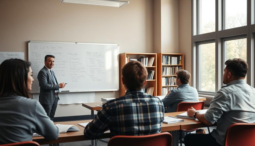 A cozy, well-lit classroom setting with a focus on a PE Civil Exam Prep Course curriculum. The foreground showcases a professional-looking instructor presenting course materials on a large whiteboard, surrounded by attentive students diligently taking notes. In the middle ground, neatly organized bookshelves and a table with engineering references and review guides create a scholarly ambiance. The background features large windows letting in natural light, enhancing the overall atmosphere of a productive and inspiring learning environment.