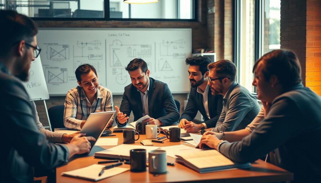 A cozy, well-lit study group gathered around a table, poring over engineering textbooks and notes. In the foreground, several professionals in business casual attire are engaged in animated discussion, gesturing excitedly as they collaborate. The middle ground features a mix of laptops, coffee mugs, and stationery, creating a productive atmosphere. In the background, a whiteboard displays complex diagrams and equations, reflecting the technical nature of their studies. Warm, natural lighting filters in through large windows, bathing the scene in a soft, inviting glow. The overall mood is one of camaraderie, focus, and a shared determination to master the PE Civil Exam.