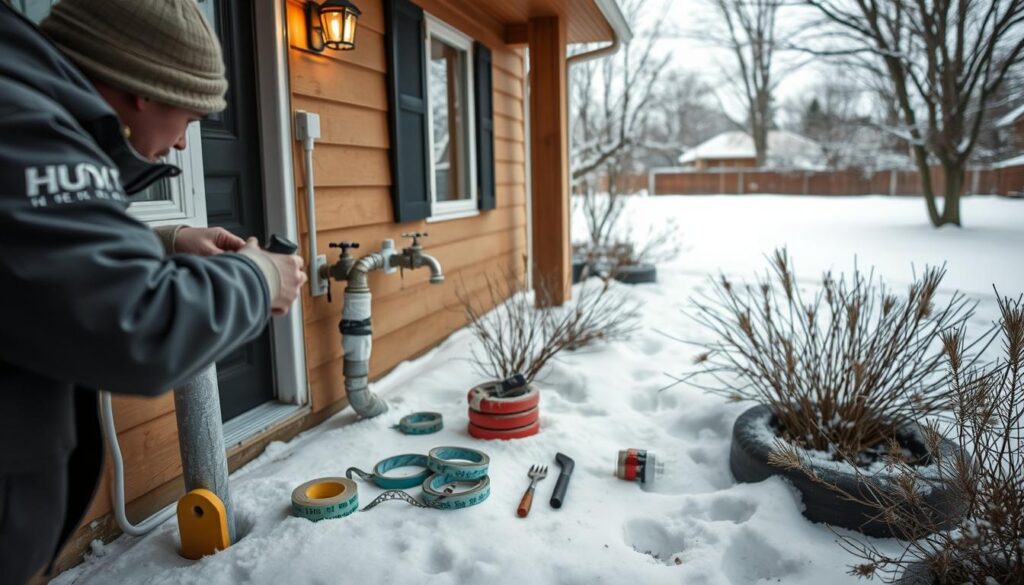 A cozy winter scene with a well-maintained home exterior, its pipes and faucets wrapped in insulation to protect against the cold. In the foreground, a homeowner inspects outdoor faucets, preparing them for the upcoming freeze. The middle ground features neatly organized tools and supplies, including heat tape, pipe covers, and weatherstripping. In the background, a snowy landscape with bare trees sets the chilly, yet tranquil, atmosphere. Soft, diffused lighting creates a warm, inviting mood, while the camera angle offers a balanced, eye-level perspective to showcase the practical steps of winterizing plumbing.