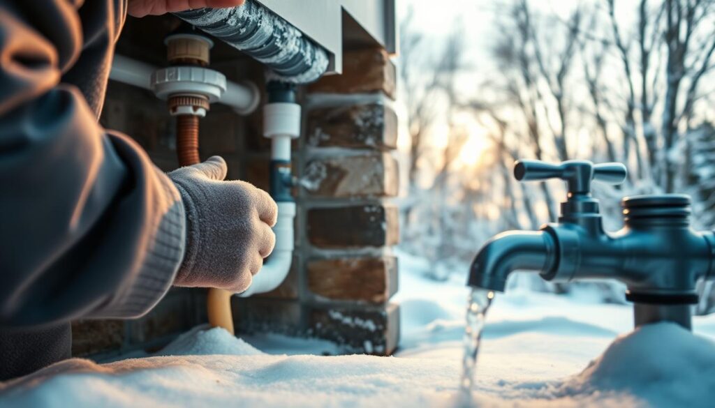 A cozy wintertime scene, showcasing the process of winterizing a home's plumbing system. In the foreground, a homeowner carefully insulating exposed pipes, using high-quality foam insulation and wrapping them tightly. In the middle ground, a closeup view of a faucet being turned off, draining the water from the system. In the background, a snowy landscape with bare trees, creating a peaceful, serene atmosphere. The lighting is soft and natural, casting a warm glow on the scene. The camera angle is slightly elevated, providing a comprehensive view of the winterization process. The overall mood is one of diligence and preparedness, as the homeowner takes proactive steps to protect their plumbing from the harsh winter elements.