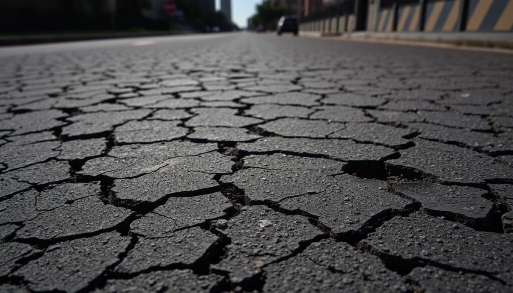 A cracked and weathered asphalt pavement surface, with intricate patterns of alligator cracks, potholes, and areas of raveling. The foreground shows a close-up view, capturing the granular texture and uneven surface of the damaged pavement. The middle ground reveals the extent of the distress, with a wider perspective showcasing the irregular shapes and sizes of the cracks. The background fades into a dimly lit urban setting, lending a sense of environmental context to the pavement deterioration. The lighting is natural, with soft shadows and highlights accentuating the texture and depth of the pavement flaws. The overall mood is one of disrepair and the need for infrastructure rehabilitation.