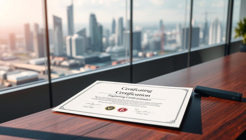 A crisp, professional engineering certification document prominently displayed on a sleek, modern desk. The certification is presented in a clean, minimalist design with a subtle embossed texture. The desk is made of rich, dark wood, and the lighting is soft and directional, casting gentle shadows. In the background, a blurred landscape of towering skyscrapers and infrastructure projects hints at the scope of the civil engineering field. The overall atmosphere conveys a sense of accomplishment, expertise, and the promise of continued growth and success.