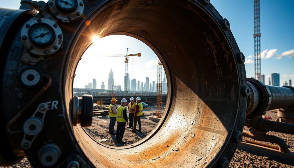 A cross-section of a metal pipeline against a backdrop of a construction site. The pipeline's interior is clearly visible, showcasing its intricate network of valves, joints, and pressure gauges. Sunlight filters through the scene, casting warm shadows on the rugged, weathered exterior of the pipeline. In the foreground, a team of engineers inspects the pipeline, their hard hats and reflective vests indicating the importance of safety and attention to detail. The middle ground features a crane and other heavy machinery, symbolizing the industrial nature of pipeline engineering. The background features a skyline of towering buildings, suggesting the urban context in which this critical infrastructure is situated.