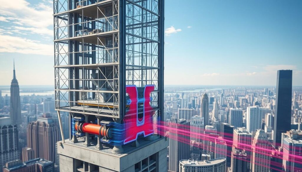 A cross-section of a towering skyscraper, its intricate steel frame and reinforced concrete foundations visible. Seismic dampers and shock absorbers at the base, designed to mitigate the violent shaking of an earthquake. Vibrant blue and red lines representing the flow of energy through the structure, simulating the complex dynamics of ground motion. The cityscape in the background, a testament to the engineering prowess that allows modern architecture to withstand the most devastating natural disasters.