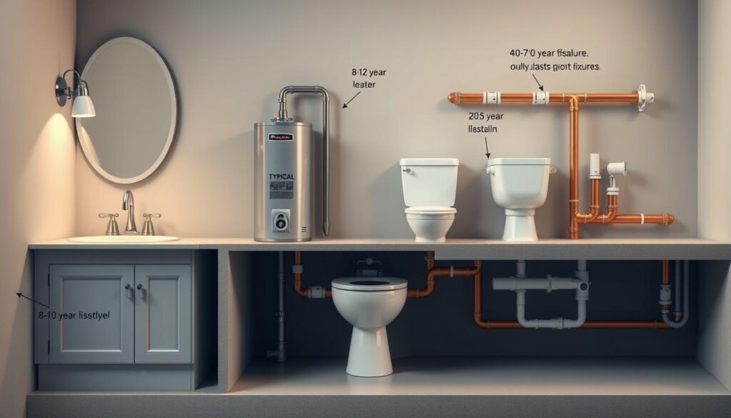 A cutaway cross-section view of various plumbing fixtures and systems, their expected lifespans, and common failure points prominently displayed. The foreground shows a bathroom vanity with a sink, faucet, and drain assembly, with callouts indicating typical lifespan of 10-15 years. The middle ground features a water heater, with labels denoting a 8-12 year lifespan, and a toilet with a 20-30 year lifespan. The background showcases a section of copper pipes and PVC waste lines, highlighting how their 40-70 year lifespan outlasts most connected fixtures. Soft, warm lighting illuminates the scene, with a muted color palette to convey a sense of durability and reliability.