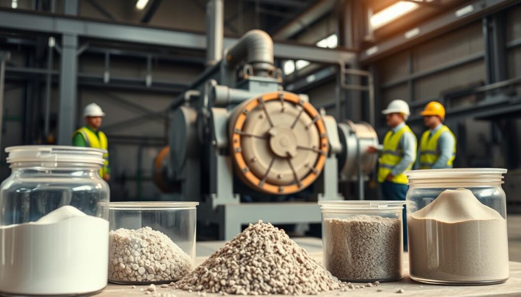 A cutting-edge concrete production facility, bathed in warm, diffused lighting. In the foreground, an array of alternative binding agents - geopolymers, alkali-activated slag, and calcined clay - are displayed in transparent containers, their unique chemical compositions visible. The middle ground showcases a state-of-the-art concrete mixer, its blades gently churning a blend of these innovative materials. In the background, a team of civil engineers, dressed in safety gear, closely monitors the process, ensuring optimal performance and sustainability. The scene conveys a sense of scientific inquiry, technological advancement, and a commitment to exploring new frontiers in construction materials.