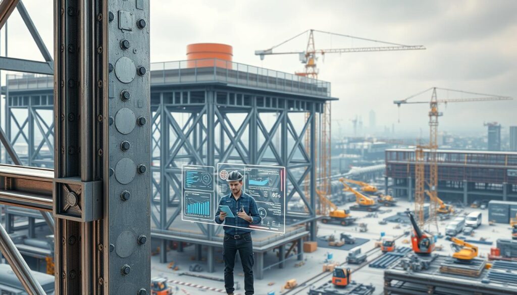 A cutting-edge construction site, where smart materials and innovative technologies converge. In the foreground, a towering steel frame adorned with embedded sensors, monitoring every movement and strain. The middle ground showcases a team of engineers analyzing real-time data on sleek, holographic displays, their expressions reflecting the power of these advanced systems. In the background, a sprawling construction zone bustles with autonomous vehicles, robotically-controlled cranes, and 3D-printed building components, all working in seamless harmony to shape the future of the built environment. Soft, directional lighting casts a futuristic glow, emphasizing the precision and efficiency of this smart construction ecosystem.