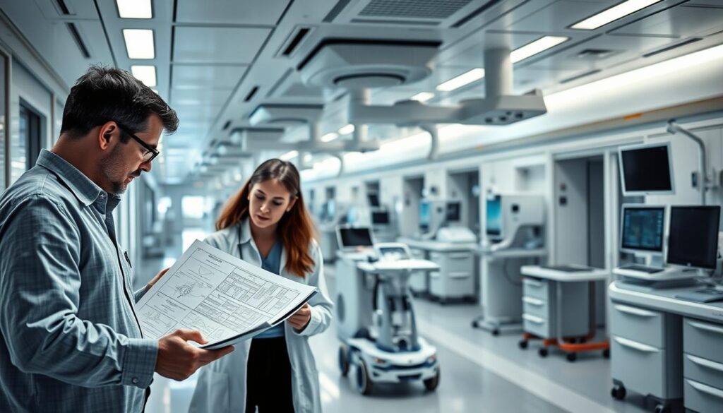 A cutting-edge hospital ward, bustling with activity. In the foreground, a team of industrial engineers pore over schematics, designing innovative workflows and optimizing logistics. Crisp, white lighting illuminates their focused expressions. In the middle ground, a state-of-the-art robotic system glides seamlessly through the corridors, delivering vital supplies. The background showcases the latest medical technologies, from gleaming diagnostic machines to sleek, computerized interfaces. An atmosphere of precision, efficiency, and patient-centric care pervades the scene, as industrial engineering elevates healthcare operations to new heights.
