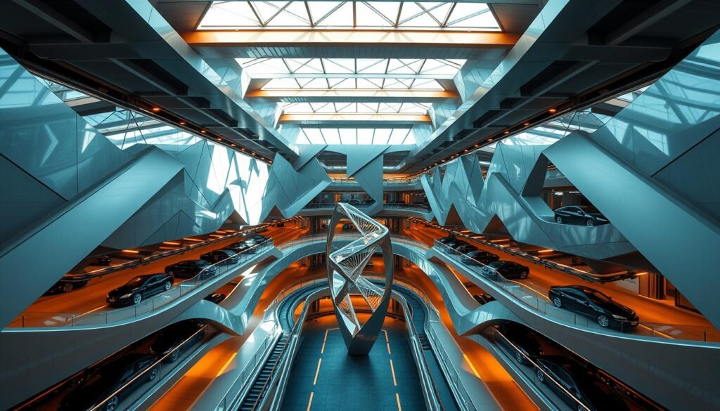 A cutting-edge, multistory parking structure with a sleek, futuristic design. The facade features a geometric pattern of intersecting panels in a palette of gleaming metallic and glass. Strategically placed skylights and floor-to-ceiling windows flood the interior with natural light, creating a bright, airy atmosphere. The innovative layout maximizes space efficiency, with winding ramps and clearly marked pedestrian walkways. A dynamic, abstract sculpture adorns the central atrium, casting dynamic shadows. The structure is bathed in a warm, amber glow from discreet LED lighting, conveying a sense of modernity and sophistication. Viewed from an elevated angle, the parking structure appears as an architectural marvel, showcasing the latest advancements in parking facility design.