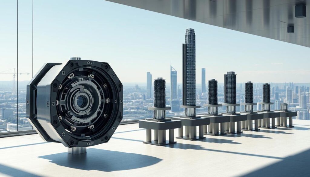 A cutting-edge seismic isolation system, showcasing an array of high-tech base isolators in a sleek, modern architectural setting. The foreground features a detailed cross-section of a base isolator, its intricate inner workings on display. In the middle ground, a series of base-isolated structures stand tall, their foundations decoupled from the ground by the isolators. The background depicts a panoramic view of a cityscape, emphasizing the seamless integration of these earthquake-resistant technologies into the urban landscape. Crisp lighting illuminates the scene, casting sharp shadows and highlighting the precision engineering of the components. The overall tone conveys a sense of advanced, forward-thinking design solutions for earthquake-resilient construction.