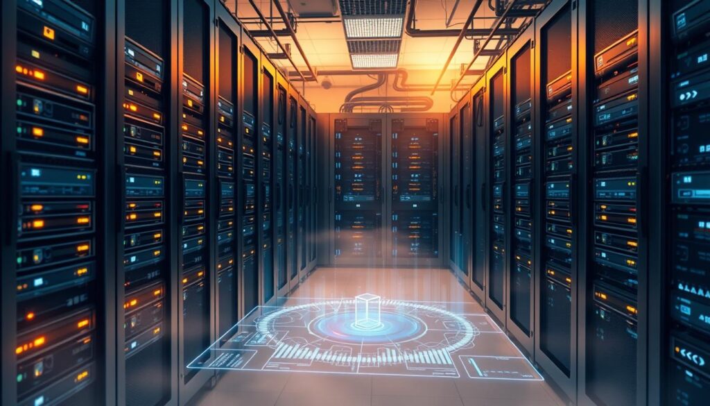 A data center filled with racks of interconnected servers, humming with the steady pulse of AI-powered storage solutions. Sleek metallic enclosures and glowing LED indicators cast a futuristic glow, illuminating the complex network of cables and cooling systems. In the foreground, a holographic display showcases real-time data analytics, visualizing the flow of information through the infrastructure. The background is shrouded in a subtle mist, creating an atmospheric depth that evokes the scale and significance of this AI data storage ecosystem. Warm, directional lighting casts dramatic shadows, emphasizing the technological sophistication and precision of this cutting-edge data management system.