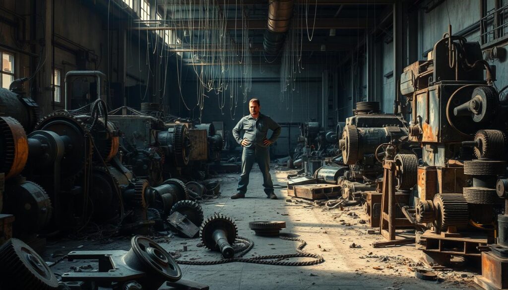 A decrepit factory floor, machines in disrepair, gears and belts tangled in a mess of rust and neglect. Cobwebs hang in the dim, dusty light, casting long shadows across the cluttered scene. Broken parts litter the ground, a testament to the consequences of poor maintenance planning. In the background, a single technician stands, hands on hips, surveying the disarray with a resigned expression. The mood is one of frustration and missed opportunities, a stark warning of the financial and operational impact of neglecting essential upkeep.