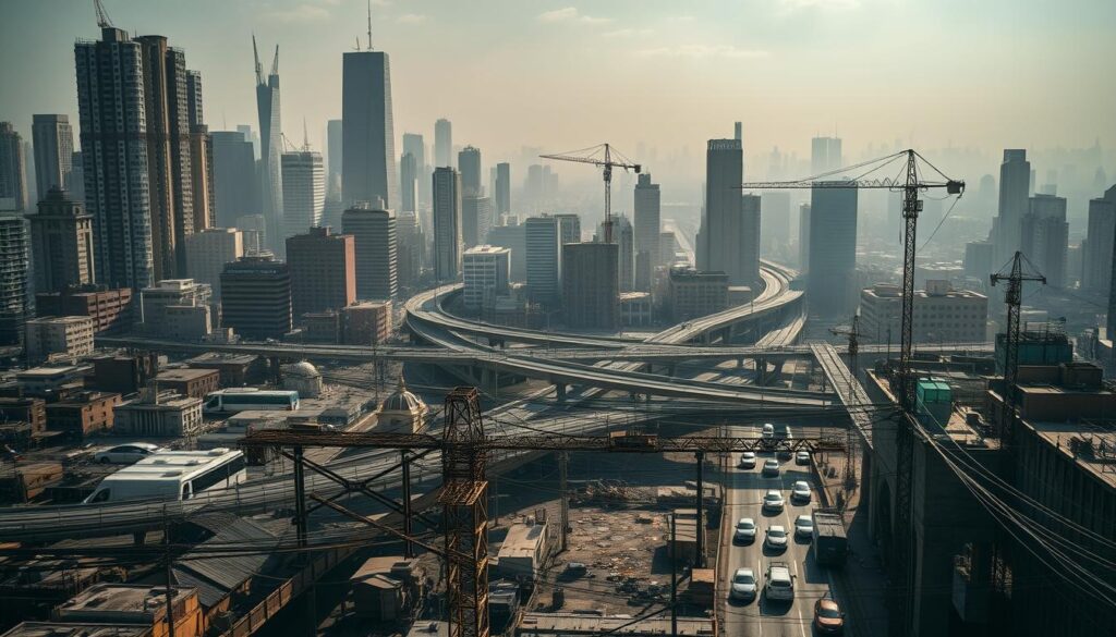 A densely packed urban skyline, with skyscrapers, bridges, and highways converging in a chaotic web. In the foreground, a tangle of power lines, construction cranes, and neglected infrastructure. Potholes, cracks, and debris litter the streets, while traffic congestion snarls through the narrow avenues. The lighting is harsh, casting deep shadows and highlighting the disrepair. A hazy, smog-filled atmosphere creates an oppressive, dystopian mood, underscoring the challenges of maintaining and upgrading a city's vital systems. The scene conveys the overwhelming complexity and strain on urban infrastructure, the need for innovative solutions to shape the cities of tomorrow.