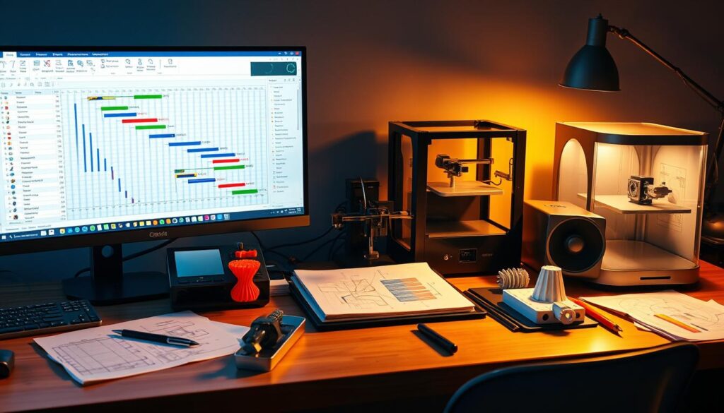 A desk with an array of mechanical engineering project management tools, including a Gantt chart, CAD software interface, 3D printer, and technical drawing tools. The scene is illuminated by warm, directional lighting, casting shadows that add depth and dimension. The tools are arranged in a visually appealing layout, suggesting the efficient workflow of a well-organized mechanical engineering project. The background features a subtle gradient that complements the color scheme of the tools, creating a cohesive and professional atmosphere.