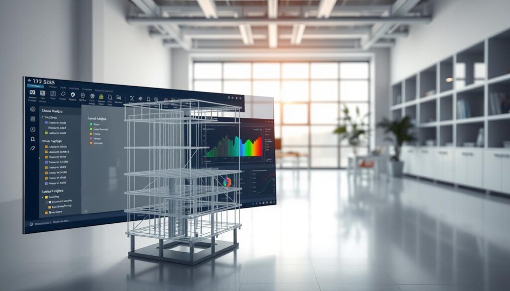 A detailed 3D render of a structural analysis software interface, showcasing its key features. In the foreground, a wireframe model of a building structure is displayed, with various interactive tools and menus surrounding it. The middle ground features a colorful data visualization dashboard, highlighting stress analysis, load distribution, and material properties. In the background, a clean, minimalist workspace with large windows provides a sense of depth and a professional, high-tech atmosphere. Soft, directional lighting creates depth and emphasizes the software's sleek, modern design.