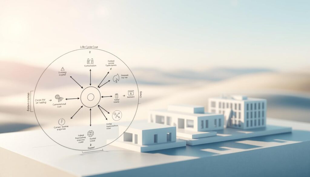 A detailed 3D rendering of a life cycle cost analysis diagram, showcasing the various stages and associated costs over the lifetime of a building. The foreground depicts a clear, data-driven visualization with interconnected nodes and edges, illustrating the complex relationships between factors such as initial construction, operational expenses, maintenance, and end-of-life considerations. The middle ground features architectural elements, including a minimalist building model and relevant icons, providing context. The background is a serene, blurred landscape with a subtle gradient, creating a professional, polished aesthetic. Soft, directional lighting casts subtle shadows, emphasizing the depth and dimensionality of the scene. The overall mood is one of analytical precision and data-driven decision-making, suitable for an article on energy-efficient building design.