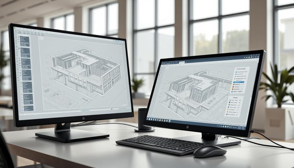 A detailed 3D rendering of modern civil engineering modeling software, showcasing its intuitive interface and advanced design tools. The foreground features a large, high-resolution display highlighting a complex building blueprint, with precise measurements and structural details. In the middle ground, a sleek, minimalist workstation with a keyboard, mouse, and powerful computer hardware. The background depicts a clean, well-lit office environment with large windows, allowing natural light to illuminate the scene. The lighting is soft and diffused, creating a professional and productive atmosphere. The overall tone is one of technological sophistication, efficiency, and the seamless integration of digital tools in the civil engineering workflow.