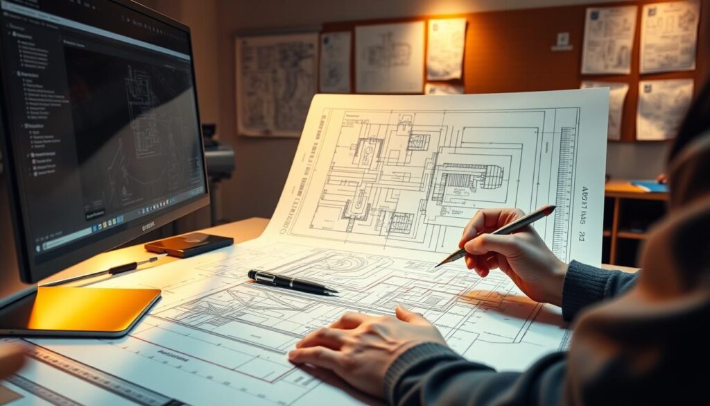 A detailed AutoCAD drafting scene for civil engineering, illuminated by warm studio lighting. In the foreground, a computer monitor displays a complex architectural blueprint, with precise measurements and annotations. The drafter's hands, holding a drafting pen, are visible, meticulously adding finishing touches to the design. In the middle ground, a drafting table is neatly organized with various tools and a scale ruler. The background features a wall-mounted plotter, ready to print the finalized plans, with technical diagrams and engineering schematics pinned to a cork board, creating a professional, industrious atmosphere.