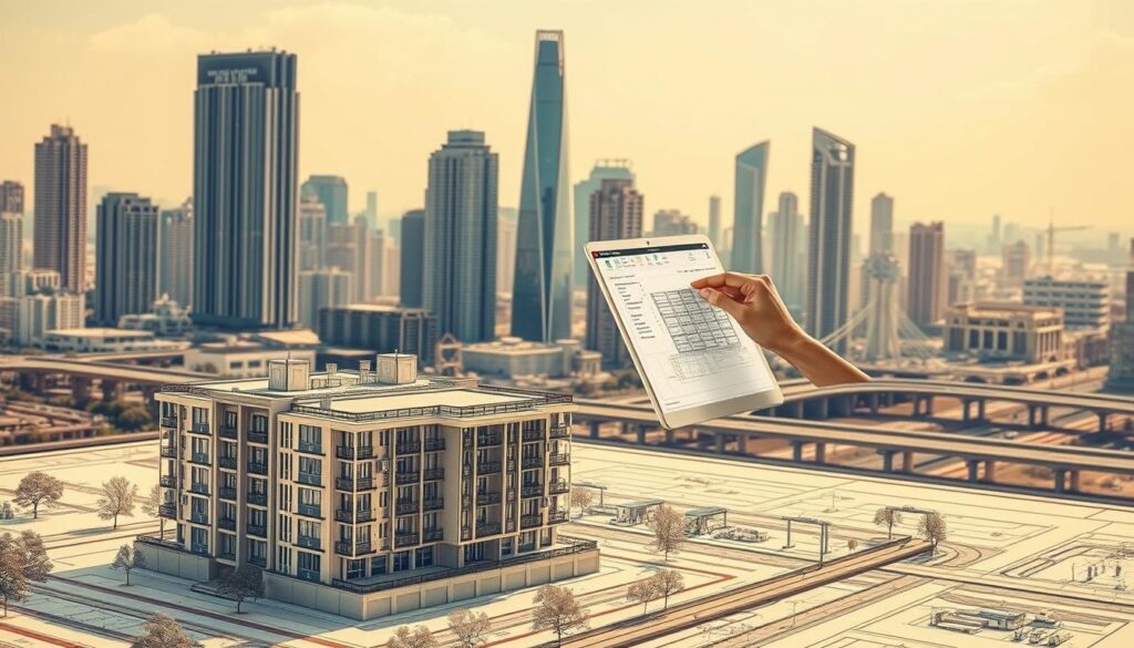 A detailed AutoCAD drafting scene for civil engineering, showcasing basic drawing techniques. In the foreground, a 3D model of a residential building with intricate architectural details emerges from the digital canvas. In the middle ground, an engineer meticulously manipulates design elements using AutoCAD's powerful interface, with floating palettes and command windows visible. The background depicts a cityscape, with towering skyscrapers and infrastructure elements such as bridges and roads, all rendered with precise linework and shading. The scene is illuminated by a warm, natural lighting that casts subtle shadows, creating depth and atmosphere. The overall tone is one of technical proficiency, innovation, and the intersection of digital design and the built environment.