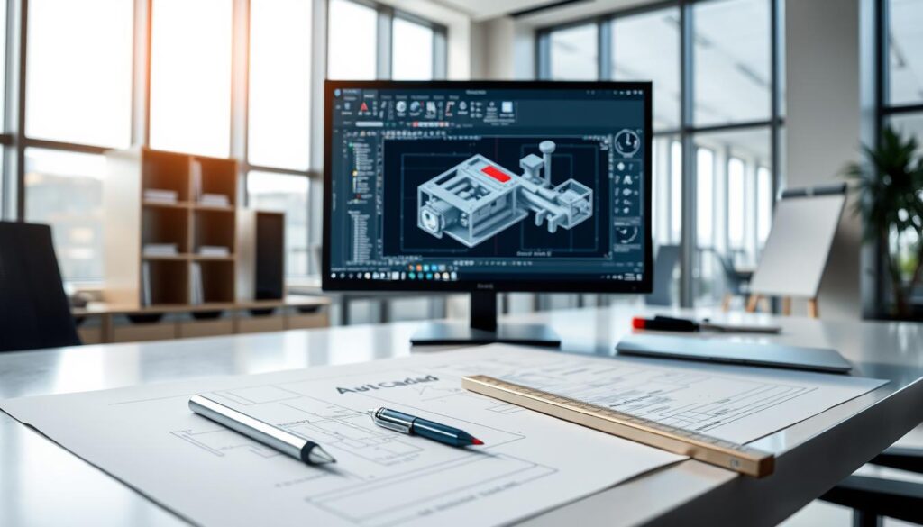 A detailed AutoCAD workspace in a well-lit, modern office setting. In the foreground, various drafting tools such as a ruler, compass, and pen are neatly arranged on a sleek, minimalist desk. In the middle ground, the AutoCAD application is open on a high-resolution monitor, displaying a complex 3D engineering design. The background features floor-to-ceiling windows, allowing natural light to flood the space and create a sense of openness and professionalism. The overall atmosphere conveys the precision, efficiency, and technical expertise associated with the AutoCAD software.