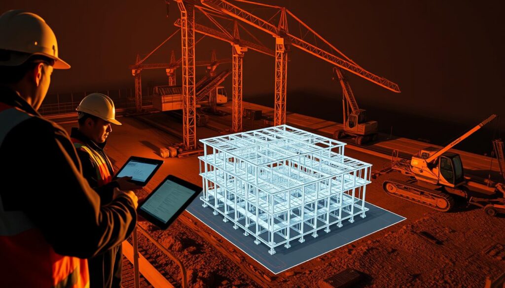 A detailed BIM implementation in a civil engineering project, showcasing a construction site with a 3D model overlay. In the foreground, workers use tablets and laptops to access the digital building information, coordinating tasks and monitoring progress. The middle ground features a partially constructed building, its skeletal frame and foundation visible, with the BIM model precisely aligned. In the background, cranes and heavy machinery operate, creating a dynamic, industrious atmosphere. Warm, directional lighting highlights the collaboration and technology integration, casting dramatic shadows that emphasize the project's scale and complexity. The scene conveys the efficiency, precision, and data-driven decision-making that BIM enables in modern civil engineering endeavors.