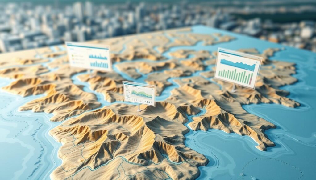 A detailed GIS map of water resources, showcasing rivers, lakes, and aquifers. In the foreground, a 3D terrain model with realistic lighting and shadows, highlighting the topography and flow of water bodies. In the middle ground, data visualizations and infographics overlaying the map, conveying information about water quality, availability, and usage. In the background, a subtly blurred cityscape, indicating the integration of this GIS data into urban water management. The overall scene has a clean, professional aesthetic, with a balanced composition and a cool, muted color palette that emphasizes the technical nature of the subject matter.