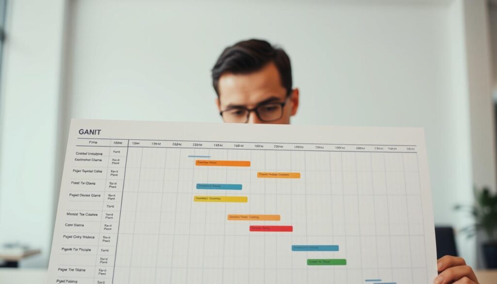 A detailed Gantt chart depicting the key stages of a project management timeline. The foreground showcases the color-coded task bars, milestones, and dependencies, illuminated by warm, directional lighting. The middle ground features a professional project manager reviewing the chart, their face obscured by the data visualization. In the background, a minimalist office setting with clean lines and neutral tones provides a crisp, uncluttered backdrop. The overall mood is one of focused productivity, with the Gantt chart serving as the centerpiece to convey the importance of effective time management in project execution.