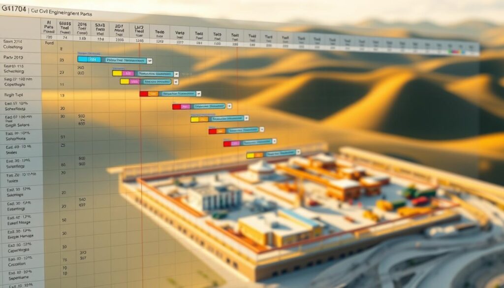 A detailed Gantt chart displaying the various phases and tasks of a civil engineering project, rendered in a realistic, technical style. The foreground shows a complex network of interconnected timelines, milestones, and resource allocations, with precise numerical data and color-coded elements. In the middle ground, a 3D model of a construction site provides context, featuring detailed architecture, machinery, and personnel. The background depicts a softly blurred landscape of rolling hills, conveying a sense of scale and environmental integration. Warm, directional lighting casts subtle shadows, emphasizing the depth and solidity of the project scheduling elements. The overall mood is one of rigorous planning, efficient organization, and a focus on delivering a successful civil engineering undertaking.