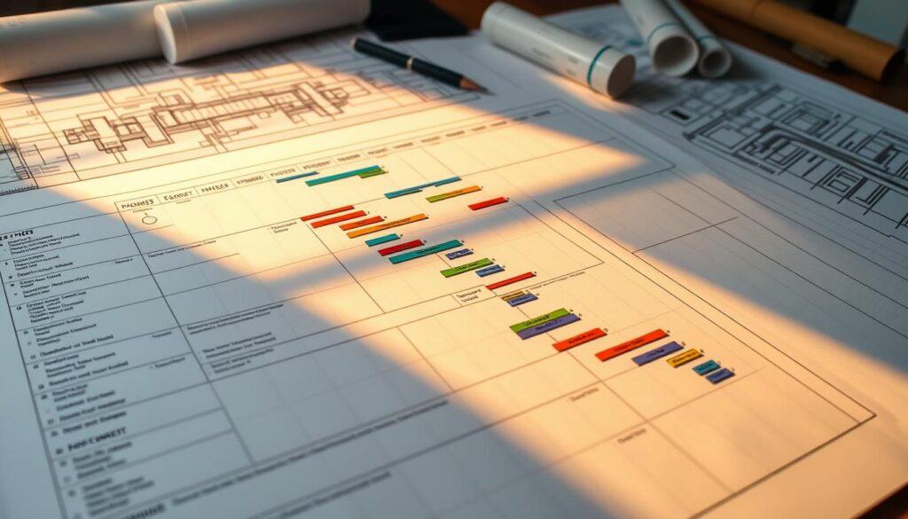 A detailed Gantt chart filled with color-coded task bars, milestones, and dependencies, laid out on an engineer's drafting table. Warm incandescent lighting casts shadows across the intricate timeline, with architectural plans and technical drawings in the background. The scene conveys a sense of careful planning, coordination, and organization essential to civil engineering project management.