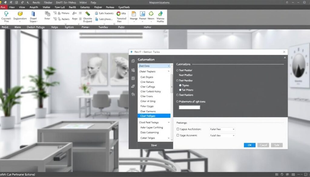 A detailed Revit software interface with various customization tools and options prominently displayed. The foreground features a 3D model of a building structure, with the Revit toolbar and ribbon interface visible above it. The middle ground showcases a panel of customization settings, allowing the user to modify parameters, styles, and preferences. The background depicts a clean, modern office environment with minimalist decor, providing a professional and technical atmosphere. The lighting is soft and diffused, creating a subtle focus on the Revit customization elements. The overall scene conveys the power and flexibility of Revit's customization capabilities for engineering and design tasks.