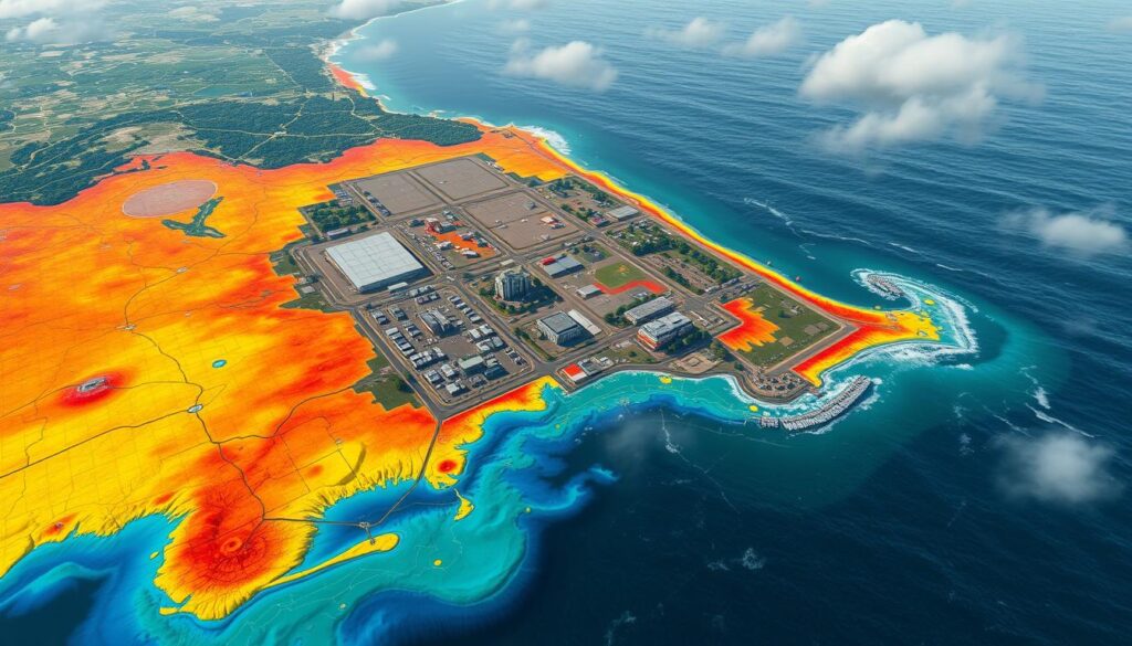 A detailed aerial view of a coastal region, showcasing the risk assessment for potential flooding. In the foreground, satellite imagery and topographical data are overlaid on a digital map, highlighting areas of high flood risk. The middle ground features 3D models of infrastructure, buildings, and transportation networks, with color-coded vulnerability indicators. In the background, a realistic simulation of rising water levels and storm surge, rendered with dynamic lighting and atmospheric effects to convey the urgency of the situation. The overall scene should communicate the complexity of flood management, the importance of data-driven decision making, and the need for proactive, resilient planning.
