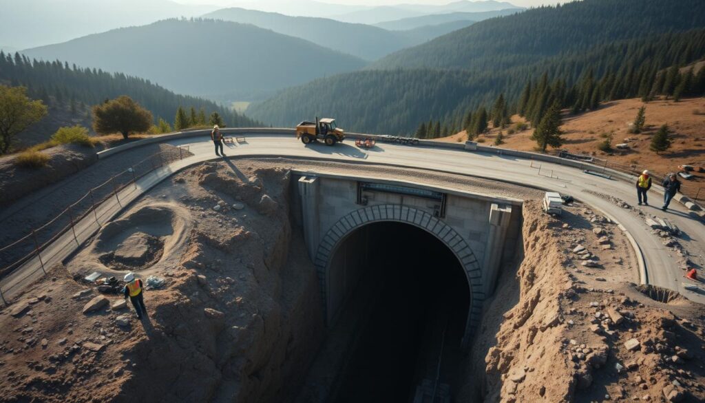 A detailed aerial view of a tunnel construction site, captured with a wide-angle lens. In the foreground, construction workers and heavy machinery inspect the terrain, assessing the feasibility of the project. The middle ground showcases the entrance to the partially excavated tunnel, its dark, cavernous opening contrasting with the sunlit surface. In the background, rolling hills and dense forests create a serene, natural backdrop, hinting at the challenges of integrating the infrastructure into the existing landscape. Soft, diffused lighting illuminates the scene, evoking a sense of contemplation and careful planning.