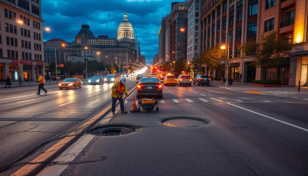 A detailed aerial view of a well-lit urban street, showcasing the pavement condition assessment process. The foreground features a team of engineers inspecting the road surface, utilizing specialized equipment and technology to analyze the cracks, potholes, and overall structural integrity. The middle ground depicts the street scene, with cars and pedestrians moving through the area, highlighting the importance of maintaining safe and functional infrastructure. The background offers a cityscape backdrop, conveying the broader context of the rehabilitation project. The scene is captured with a high-resolution camera, providing a crisp, informative visual aid to complement the article's section on initiating pavement rehabilitation efforts.