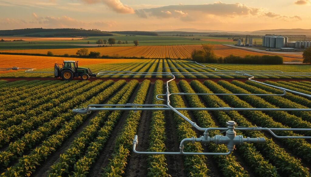 A detailed agricultural field with a sprawling network of hydraulic systems. In the foreground, a tractor navigates rows of crops, its hydraulic mechanisms seamlessly powering various implements. The middle ground showcases an intricate web of irrigation channels, pipes, and valves, expertly controlling the flow of water to nourish the plants. In the background, a lush, verdant landscape stretches out, dotted with silos and farm buildings, all powered by the invisible yet essential hydraulic infrastructure. Warm, golden sunlight filters through wispy clouds, casting a gentle glow over the scene. The entire composition conveys the precise, efficient, and vital role that hydraulics plays in modern, sustainable agriculture.