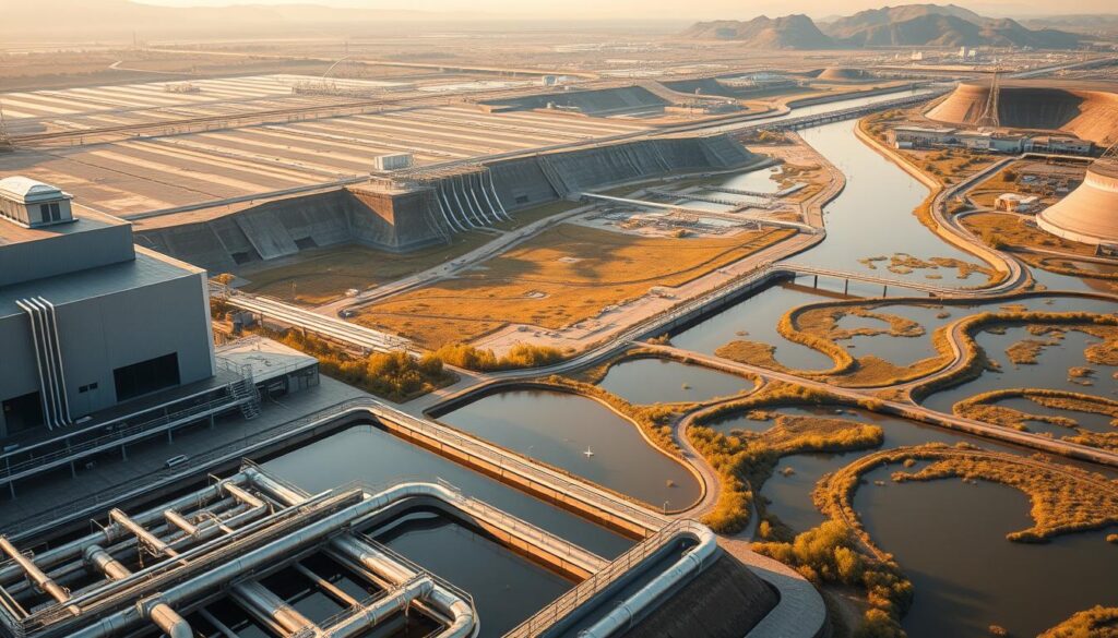 A detailed and intricate water engineering project case study, showcasing a comprehensive water management system. In the foreground, a modern water treatment facility with sleek architecture and intricate piping systems. In the middle ground, a series of retention ponds and wetlands, providing natural filtration and storage. In the background, a vast network of aqueducts, dams, and reservoirs, highlighting the scale and complexity of the project. The scene is bathed in warm, golden lighting, creating a sense of technical sophistication and environmental harmony. The overall composition conveys the careful balance of technology and nature inherent in effective water resources management.