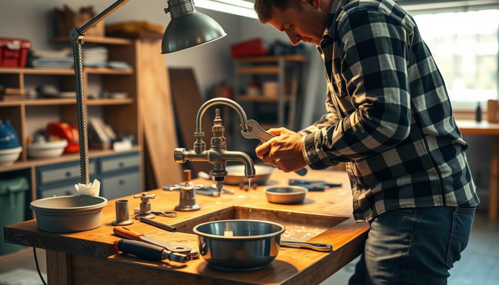 A detailed and realistic image of a person fixing a leaky faucet under the warm glow of a task lamp. The faucet is disassembled on a wooden workbench, with various tools and a small basin nearby. The person, wearing a plaid shirt and jeans, is focused intently on the task, one hand gripping a wrench as they scrutinize the intricate mechanism. The background is a clean, well-organized garage or workshop, with shelves of supplies and a window letting in natural light. The overall scene conveys a sense of competence, problem-solving, and the satisfaction of a successful home repair.