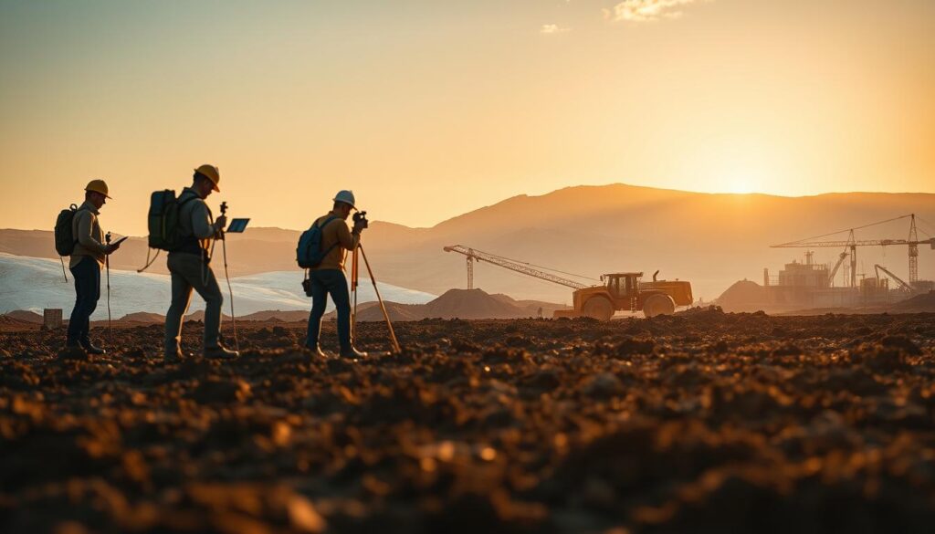 A detailed and technical landscape showcasing site selection and soil analysis. In the foreground, a geological survey team examines soil samples, their equipment casting long shadows in the warm afternoon light. In the middle ground, a large-scale topographical map unfurls, revealing the contours of the land. In the background, a construction site emerges, heavy machinery poised to begin work on a new earthquake-resistant structure, the scene bathed in a golden, cinematic glow. Emphasis on realism, with a focus on the technical aspects of the site selection and soil analysis process. Crisp, high-resolution details throughout.