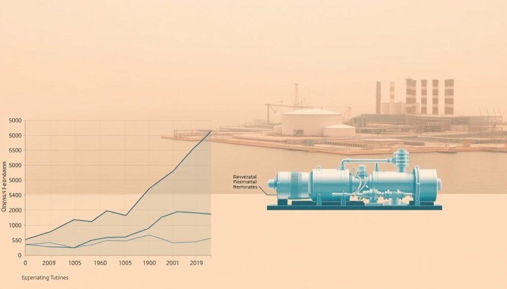 A detailed, annotated cost analysis of a large-scale seawater desalination plant. In the foreground, a graph displays operating expenses, capital expenditures, and revenue projections over time. The middle ground features a cutaway diagram of the plant's key components: reverse osmosis membranes, high-pressure pumps, energy recovery turbines. In the background, an architectural rendering shows the plant's sprawling seaside industrial complex, with towering storage tanks and pipelines against a hazy sky. Warm, muted tones convey the technocratic, data-driven nature of the subject matter. Precise, technical illustrations emphasize the engineering complexities involved in designing an economically viable desalination facility.