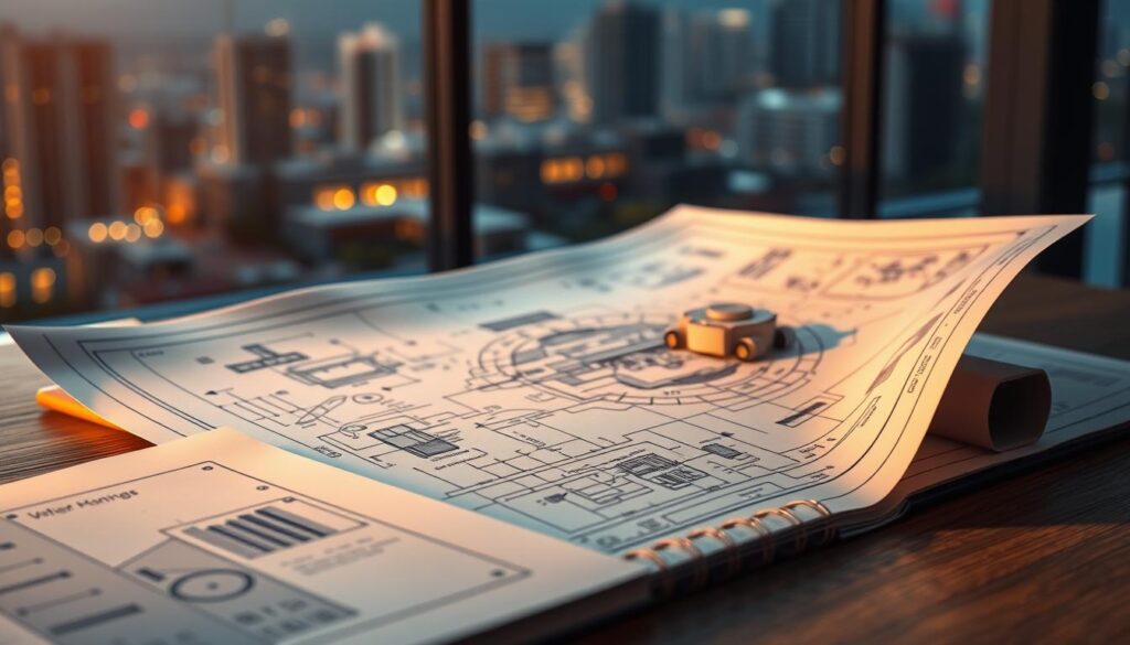 A detailed architectural blueprint of an engineering project plan, featuring a central diagram with interconnected components and annotated details. The blueprint is illuminated by warm, directional lighting, creating depth and highlighting the intricate technical elements. In the foreground, a set of technical documents and a mechanical engineer's notebook convey the planning process. The middle ground showcases a 3D model of the project, rendered with precision. In the background, a blurred cityscape suggests the real-world context of the engineering endeavor. The overall atmosphere is one of careful planning, technical rigor, and the pursuit of innovative solutions.
