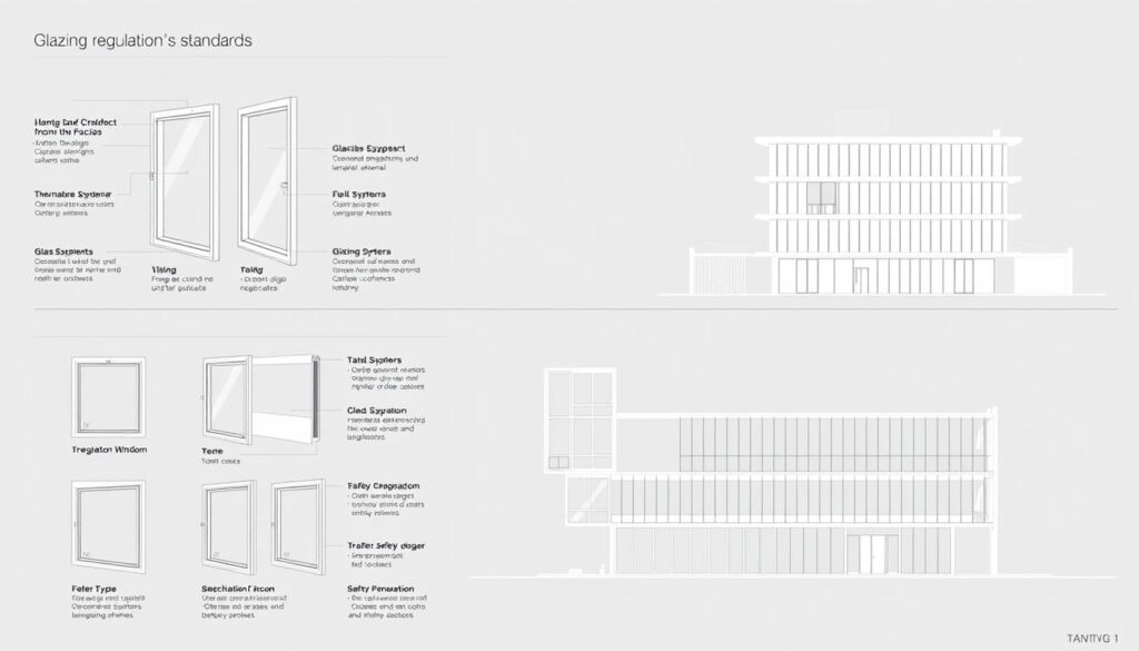 A detailed architectural diagram showcasing the glazing regulations and standards for commercial buildings. The image should depict a clean, technical illustration with a minimalist aesthetic, using a muted color palette of greys, blues, and whites. The foreground should feature schematics of window frames, glass types, and their corresponding thermal, structural, and safety requirements. The middle ground should illustrate a cross-section of a building facade, highlighting the placement and integration of the glazing systems. The background should provide a simplified elevation view of the entire structure, emphasizing the overall fenestration design. The lighting should be soft and evenly distributed, creating a sense of clarity and precision. The camera angle should be slightly elevated, giving the viewer an authoritative, bird's-eye perspective on the subject matter.