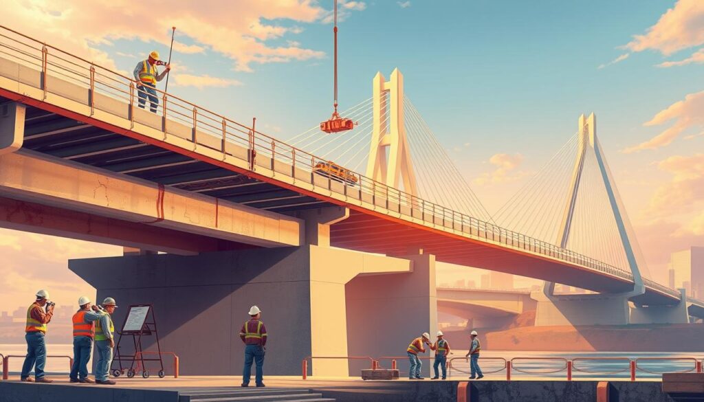 A detailed architectural illustration showcasing various bridge maintenance techniques. In the foreground, a team of engineers inspecting the bridge's structure, examining cracks and corrosion using advanced diagnostic tools. In the middle ground, a crane lifts a damaged section for replacement, while workers below apply sealants and coatings to protect the concrete. In the background, a modern suspension bridge stands tall, illuminated by warm, natural lighting, conveying a sense of diligence and care in preserving these vital infrastructure assets. The scene exudes a technical, yet visually striking, atmosphere befitting the subject of "Types of Bridge Maintenance".