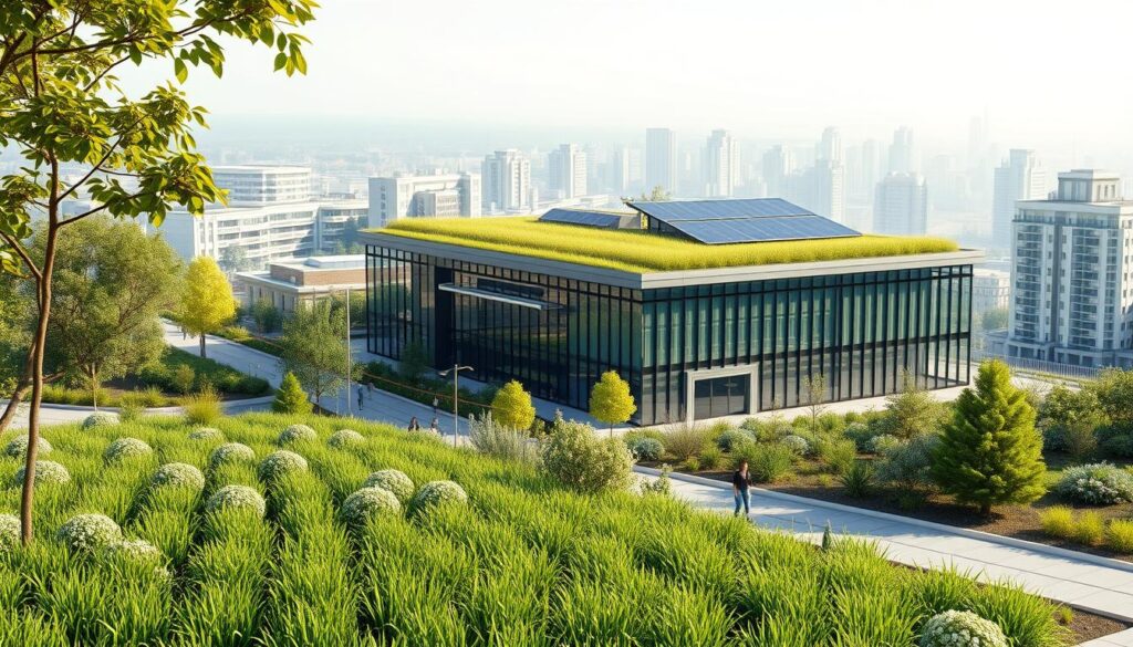 A detailed architectural rendering of a modern water-efficient building, with lush green landscaping, low-flow fixtures, and a prominent rainwater harvesting system. The foreground features an array of sustainable irrigation methods, including drip lines and xeriscaping. The middle ground showcases a sleek, energy-efficient structure with a living green roof and solar panels. In the background, a cityscape of similar eco-friendly buildings reflects the growing trend of water conservation in civil engineering. Soft, natural lighting illuminates the scene, conveying a sense of environmental harmony and innovation.