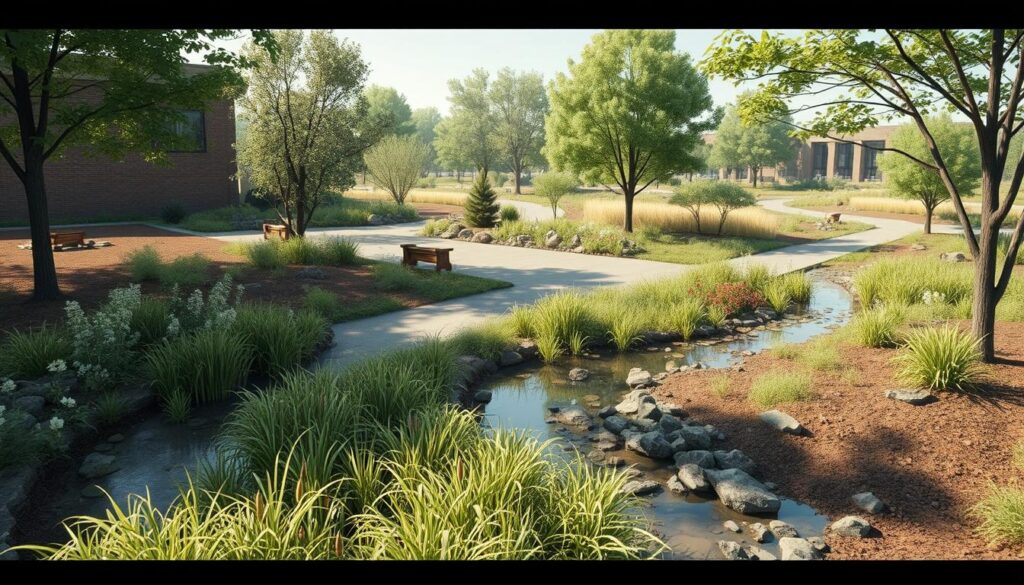 A detailed architectural rendering of three stormwater management case studies set against a natural landscape. In the foreground, a bioswale filled with native vegetation captures and filters runoff. In the middle ground, a permeable paving system allows water to infiltrate the ground. In the background, a constructed wetland provides habitat and attenuates peak flows. The scene is bathed in soft, diffused natural lighting, capturing the harmonious integration of sustainable stormwater strategies into the built environment. Captured with a wide-angle lens to showcase the comprehensive design approach.