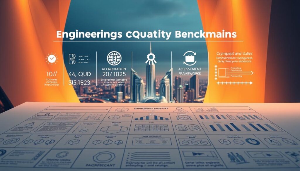 A detailed blueprint of engineering program quality benchmarks, showcased against a backdrop of geometric architectural structures, illuminated by warm, directional lighting. In the foreground, a series of meticulously crafted icons and infographic elements convey key performance indicators, accreditation standards, and assessment frameworks. The middle ground features sleek, minimalist data visualizations and diagrams, while the distant background is dominated by a cityscape of towering, futuristic engineering facilities. The overall mood is one of precision, rigor, and the pursuit of excellence in engineering education.